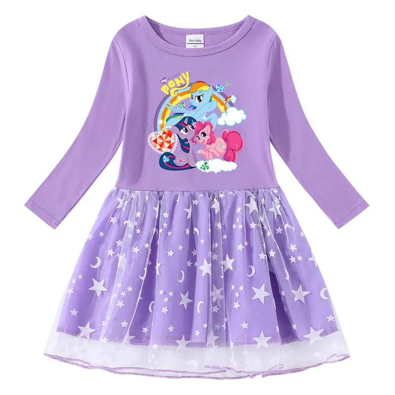 My Little Pony primavera y otoño nuevo vestido lindo para niñas algodón estampado dibujos animados estrella Luna malla vestido de princesa de manga larga regalos juguete