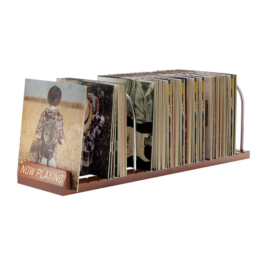 Soporte minimalista madera y metal para vinilos, CDs y libros – Salón