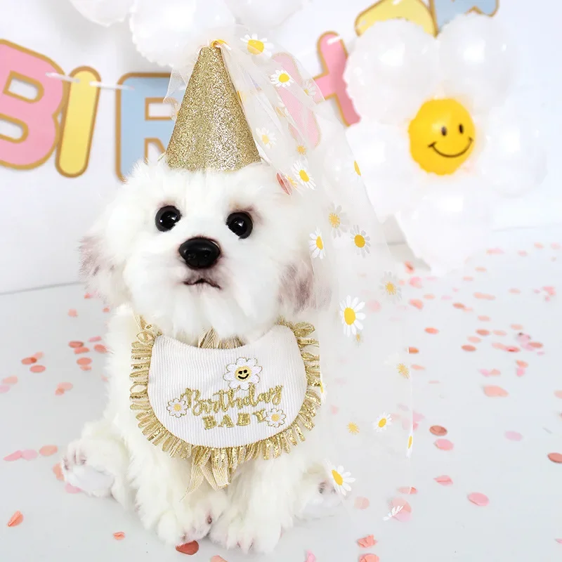 Sombrero de cumpleaños de margaritas para perros, babero para mascotas, toalla de Saliva para fiesta, bufanda triangular, gato, cachorro, Chihuahua, 1 Juego - imagen 3