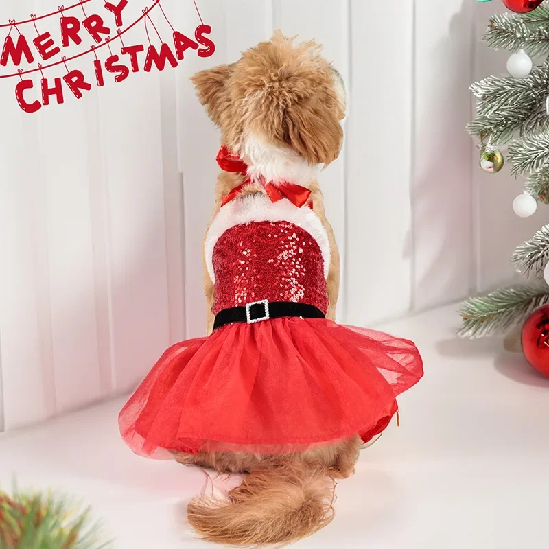 Vestido para perro con tutú de lentejuelas navideñas con diseño de lazo y cinturón, falda halter de terciopelo rojo, traje navideño para mascotas para perros pequeños/medianos,