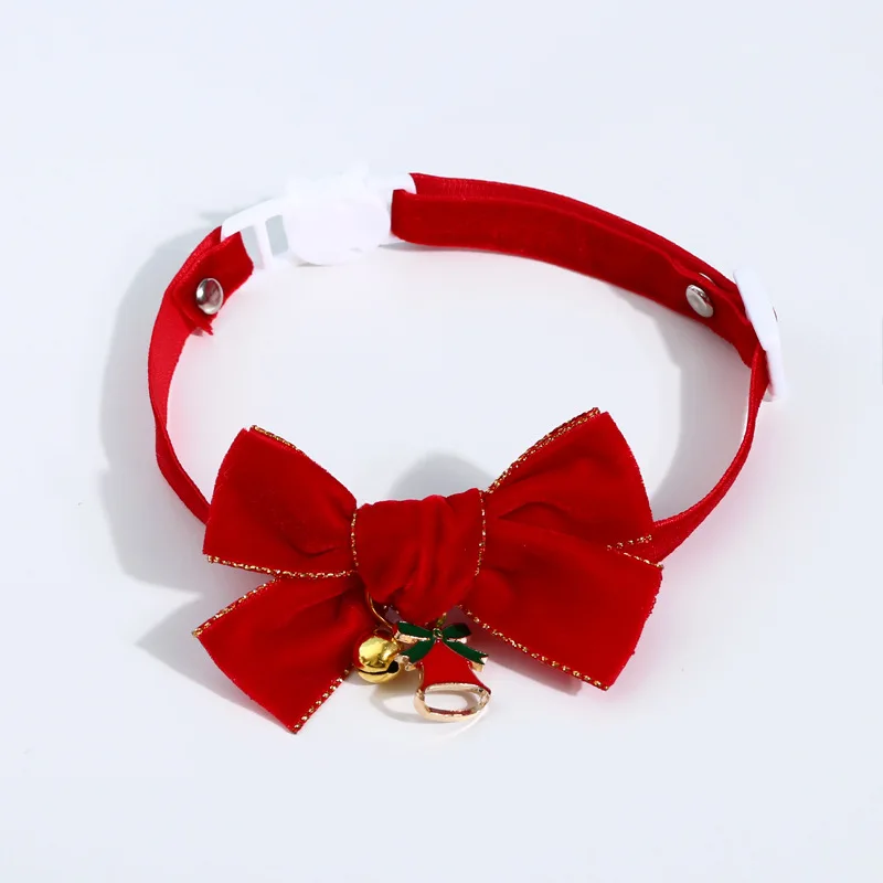 Yule-collar con hebilla de seguridad ajustable para gato, perro y mascota, Gargantilla con lazo de terciopelo rojo dorado - imagen 2