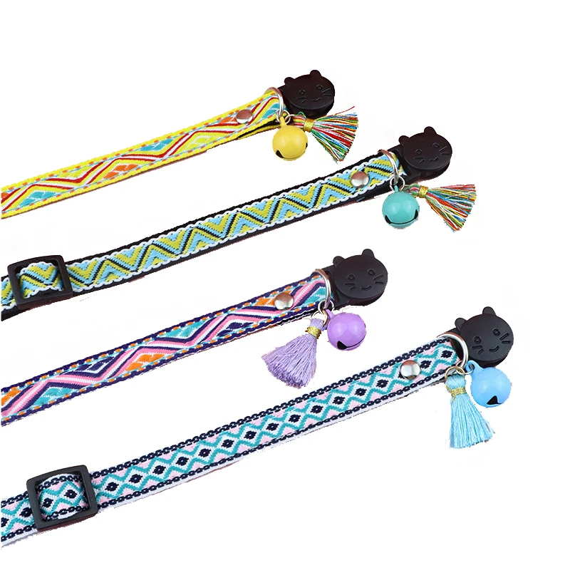 Collar étnico para mascotas de Jacquard, collar de gato ajustable con borla, colgante de campana, hebilla de seguridad, correa para el cuello de gatito, collar de cachorro - imagen 5