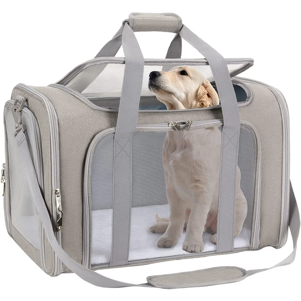 Bolso cruzado portátil transpirable para transportar mascotas con correa ajustable para el hombro, bolsa de viaje multientrada para perros y gatos para mascotas pequeñas