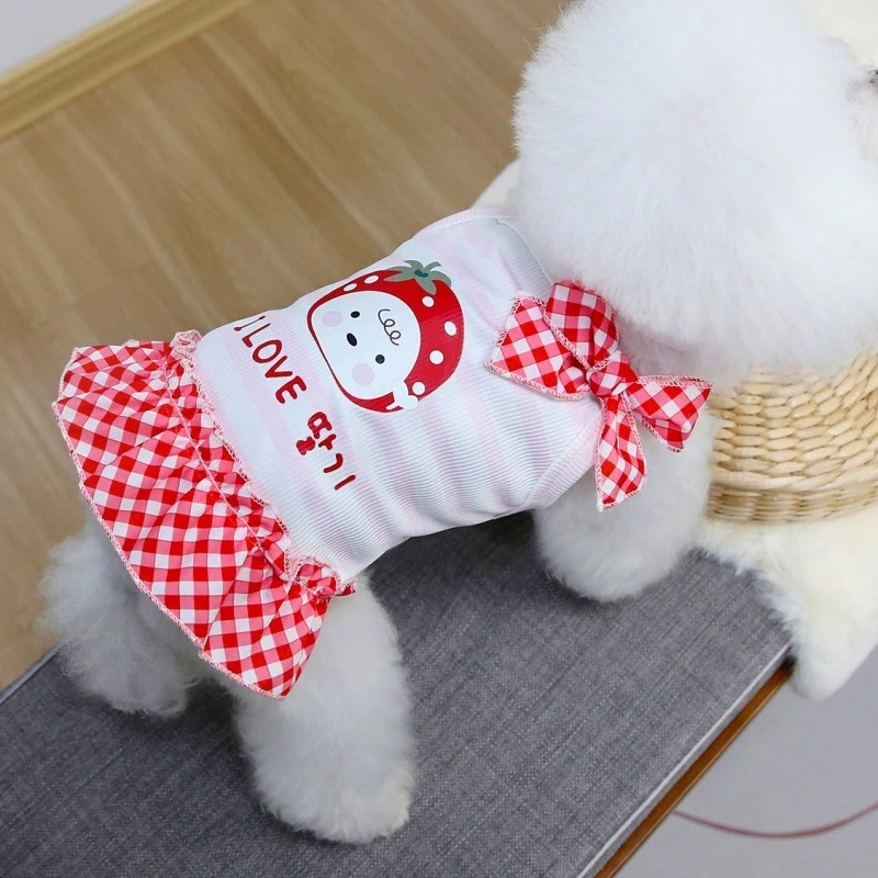 Vestidos rojos de verano para niña de dibujos animados para Chihuahua, pajarita de celosía, Color caramelo, mascota, una pieza, ocio al aire libre, faldas de chaleco de princesa para gato - imagen 3