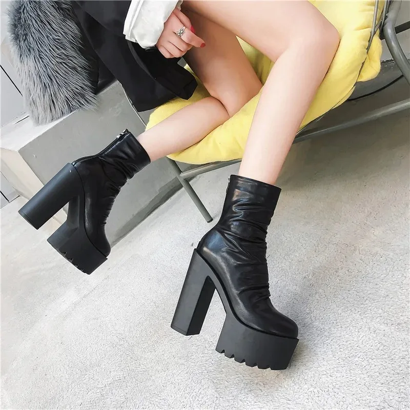 2025 Botas de invierno para mujer, plataforma impermeable, superficie plegable, cremallera, tacón grueso, botas cortas, zapatos casuales de moda - imagen 5