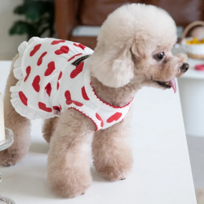 Moda invierno amor Waffle camiseta sin mangas falda vestido para perros ropa para perros en casa Teddy Bichons ropa para cachorros lindos vestidos para perros pequeños - imagen 4