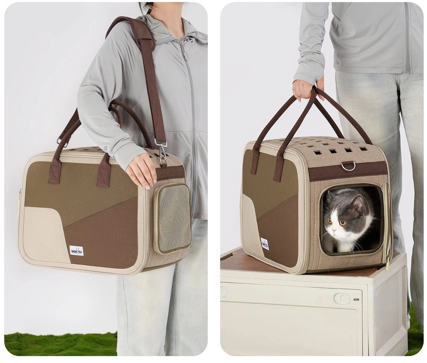 Transportín de lujo para mascotas, bolsa para mascotas de gran capacidad para perros y gatos, bolsa transportadora plegable de cara suave para gatos, bolsa portadora para perros, bandolera marrón - imagen 4