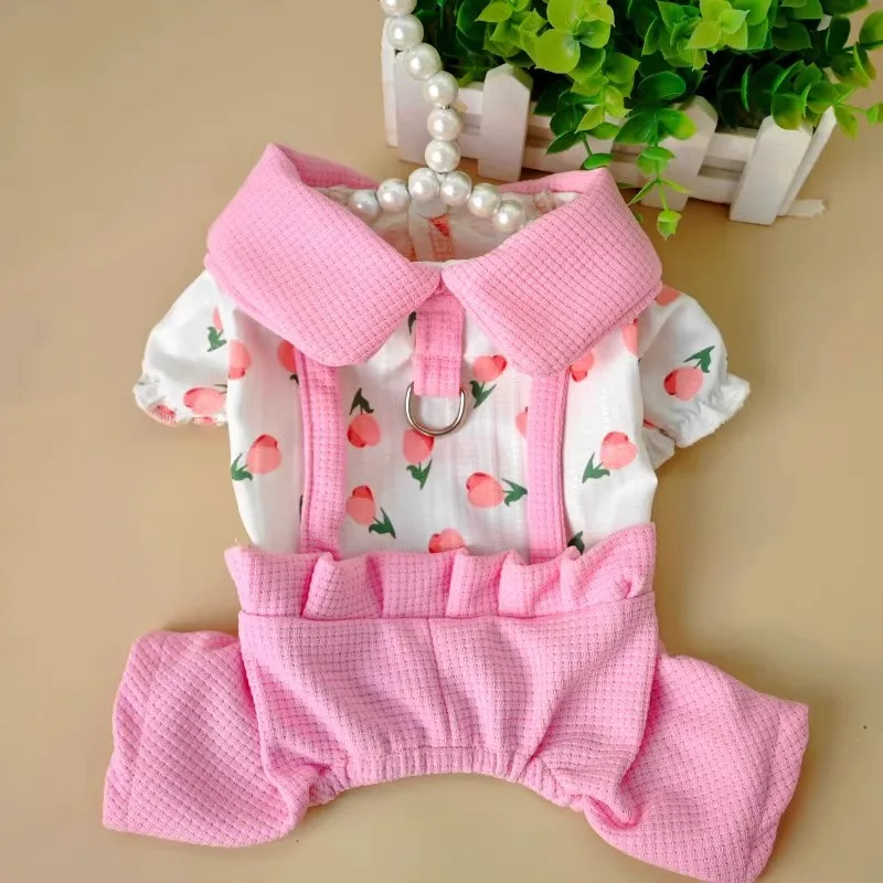 Ropa dulce para mascotas, mono con estampado Floral para perros, pijama rosa con cuello redondo, chándal para perros pequeños y medianos, mono para cachorros tipo perro salchicha