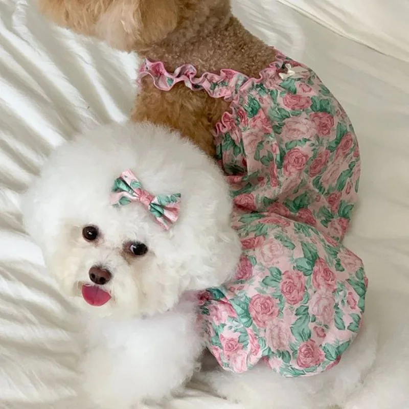 Ropa para perros y gatos, correa Floral, moda de verano, ropa fina de dos piernas para mascotas, camisa con mangas voladoras, falda de encaje para cachorros y perros pequeños - imagen 2