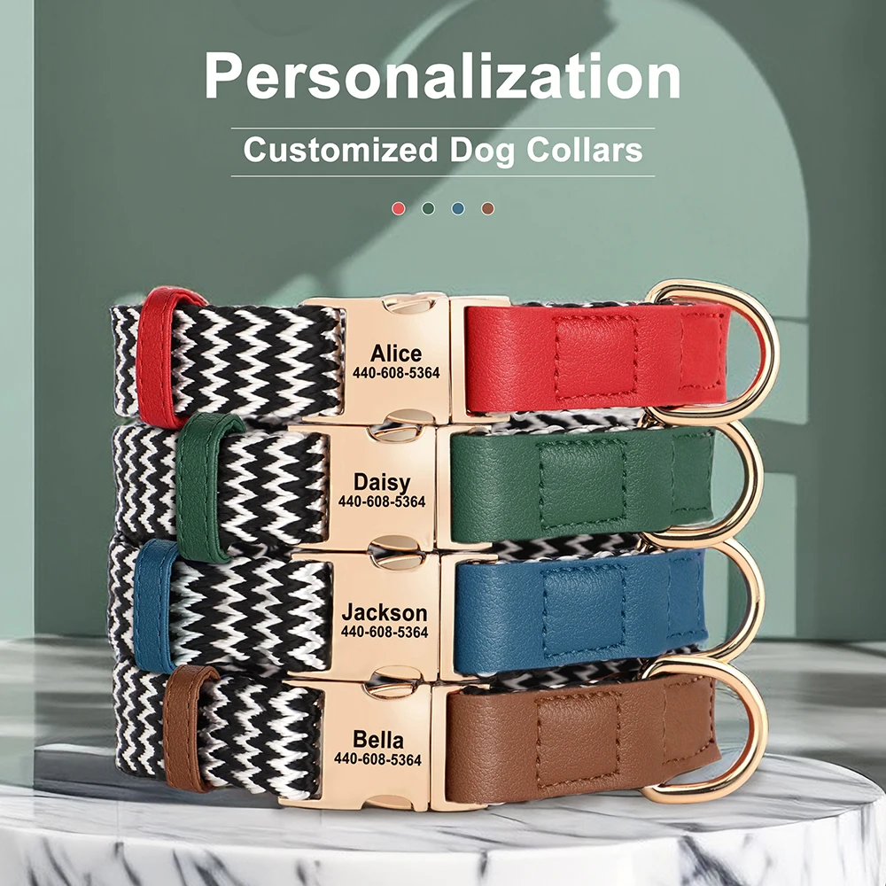 Collar con hebilla para perro grabado gratis, collares con etiqueta antipérdida para mascotas, collares de cuero de nailon personalizados para perros pequeños y medianos, Chihuahua - imagen 4