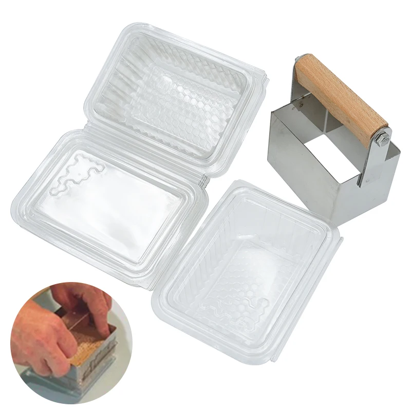 Cortador de miel de abeja para apicultura, peine de abeja de acero inoxidable, herramienta de corte de miel con mango de madera y caja cuadrada de panal de 10 Uds.