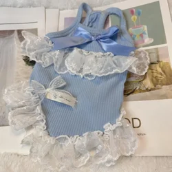 Vestido encaje azul con lazo para perros pequeños – Fresco y cómodo