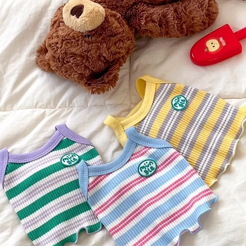 Ropa a rayas para perros, chaleco para cachorros, eslinga corta para mascotas, chaleco de peluche de sección delgada de verano, camiseta bonita de Bichon, camiseta fresca para el hogar de manga corta - imagen 2