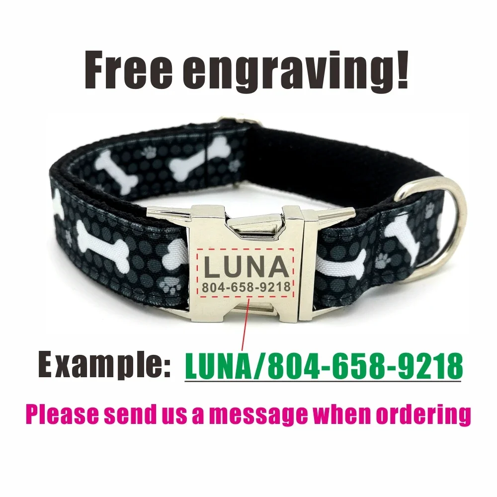 Collar de mascotas con puntos grises personalizados, etiqueta de identificación de cachorro, accesorio ajustable para gato, huesos de pata de perro, correa básica negra - imagen 4
