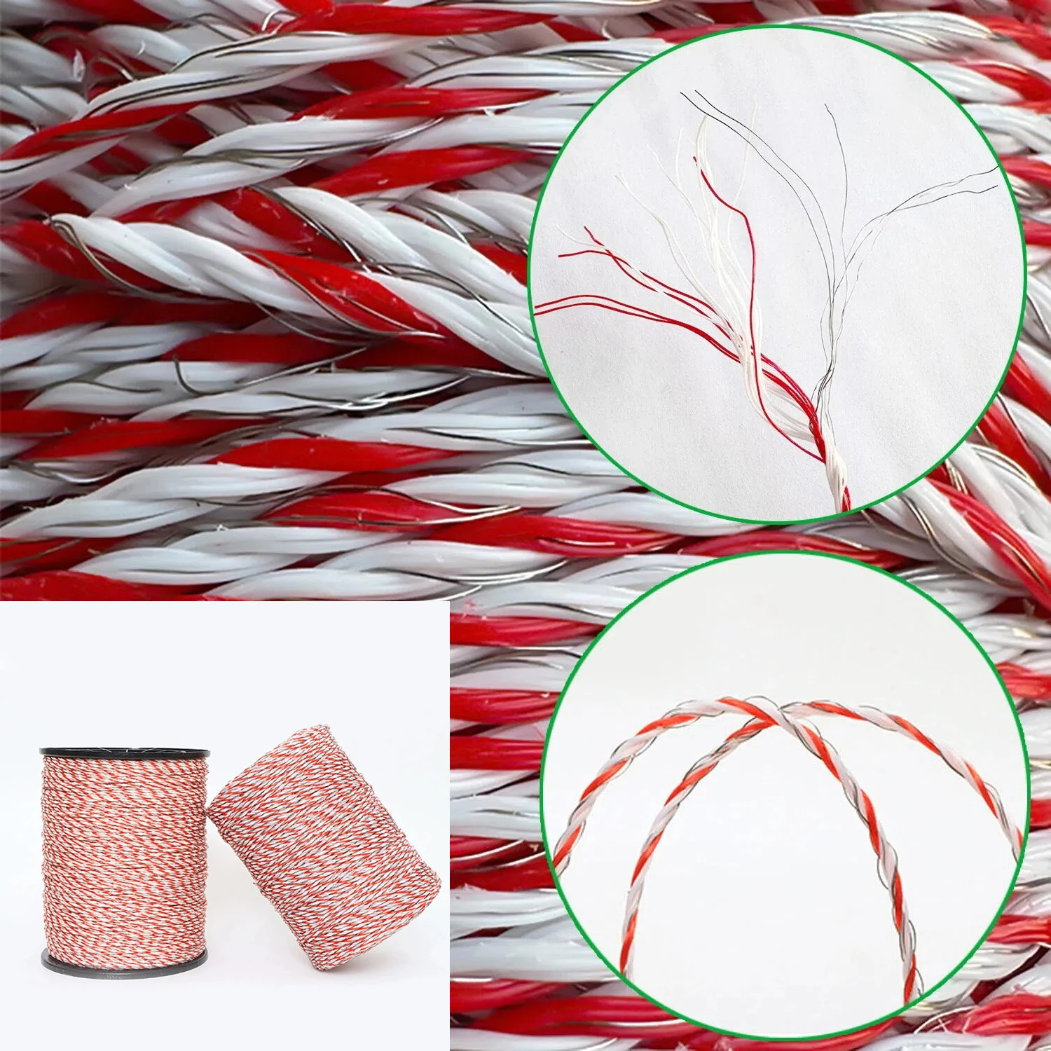 Rollo de 200/500M, cuerda de poliéster eléctrica con cuerda de polietileno de acero para cercas de animales y caballos, alambre y accesorio de resistencia ultrabaja