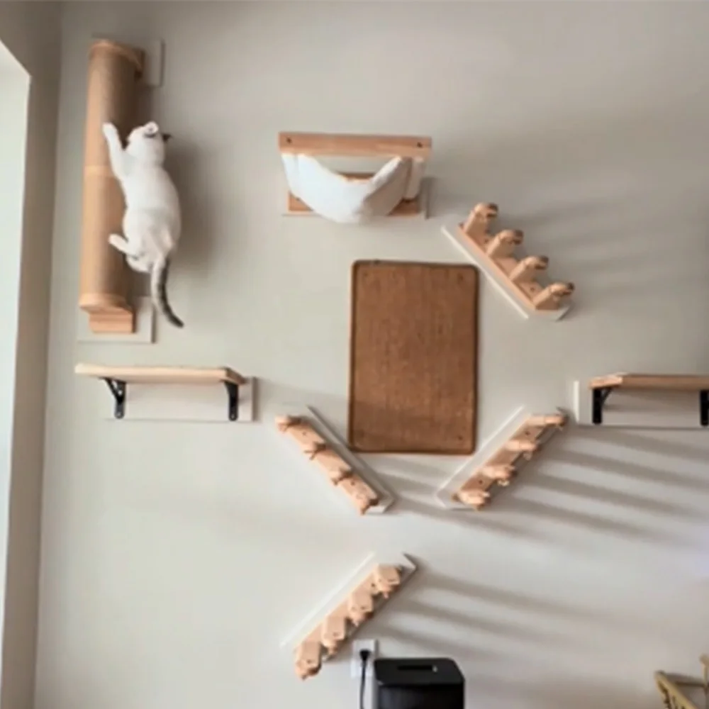 Sistema de escalada para gatos montado en la pared con estantes de madera, postes rascadores de Sisal y hamaca, muebles de pared para gatos para escalar gatos en interiores