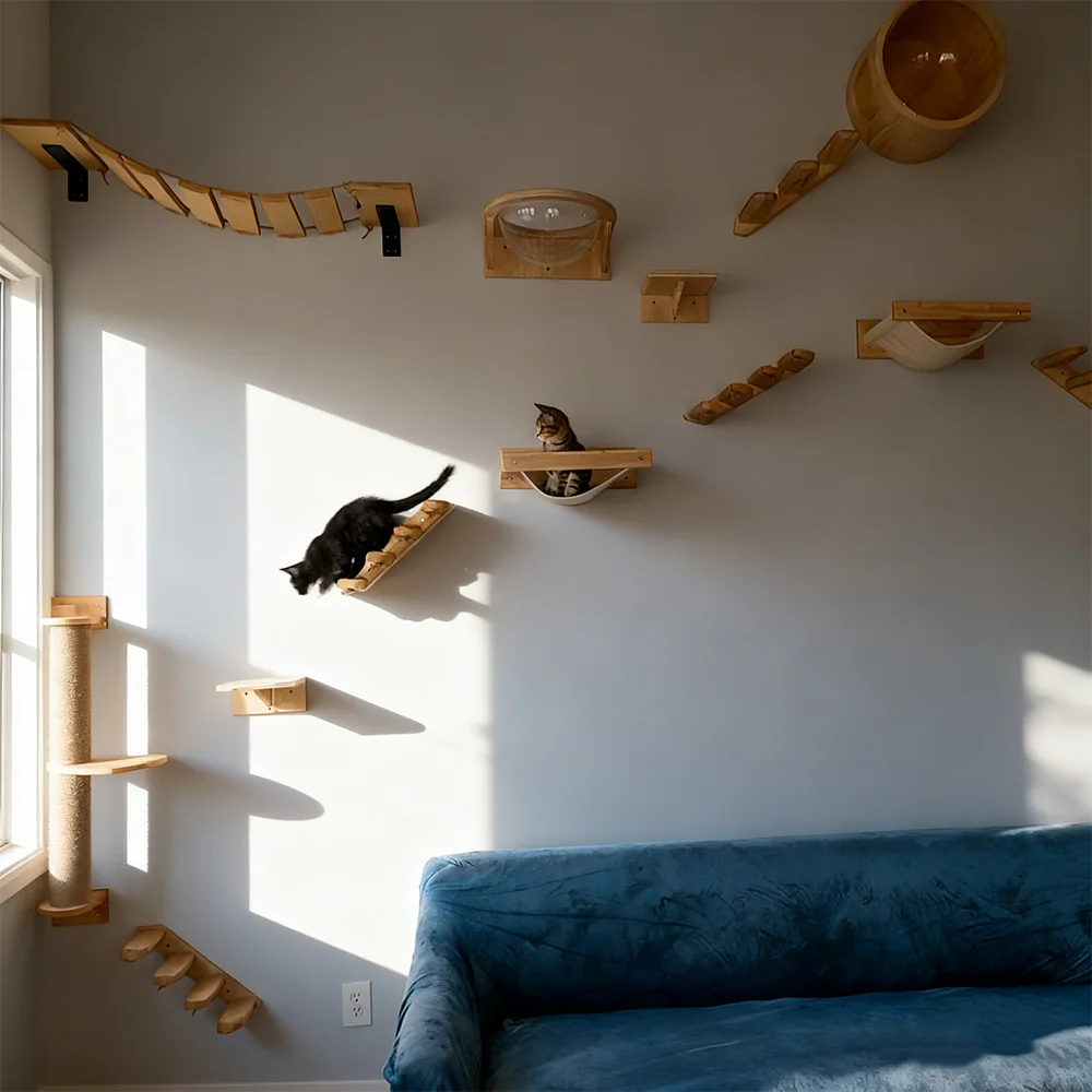 Percha de pared de madera para gatos, estantes de actividades montados en la pared con postes rascadores de Sisal y muebles de hamaca para gatos para escalar y descansar - imagen 2