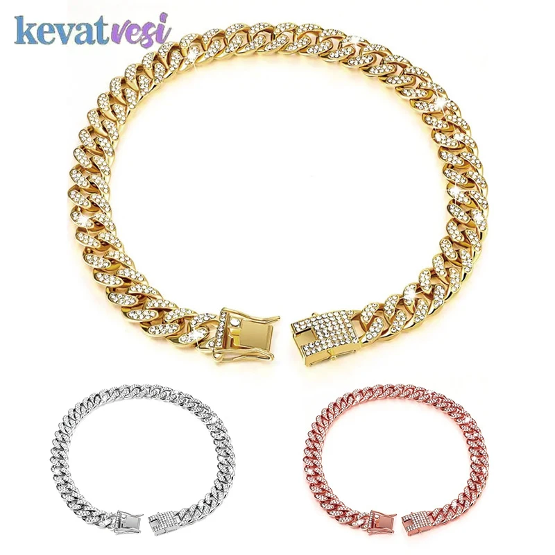 Collar de cadena de lujo para perros, Collar de diamantes para mascotas, Collar de cadena de Metal para perros pequeños, medianos y grandes, Collar para mascotas con hebilla segura