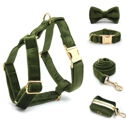 Collar y correa terciopelo verde con arnés para perros y gatos