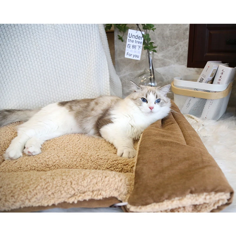 Manta para mascotas, nido grueso y cálido, perrera de felpa para perros, estera gruesa para mascotas, cama plegable de doble uso para gatitos, estera para dormir para gatos, lavable - imagen 5