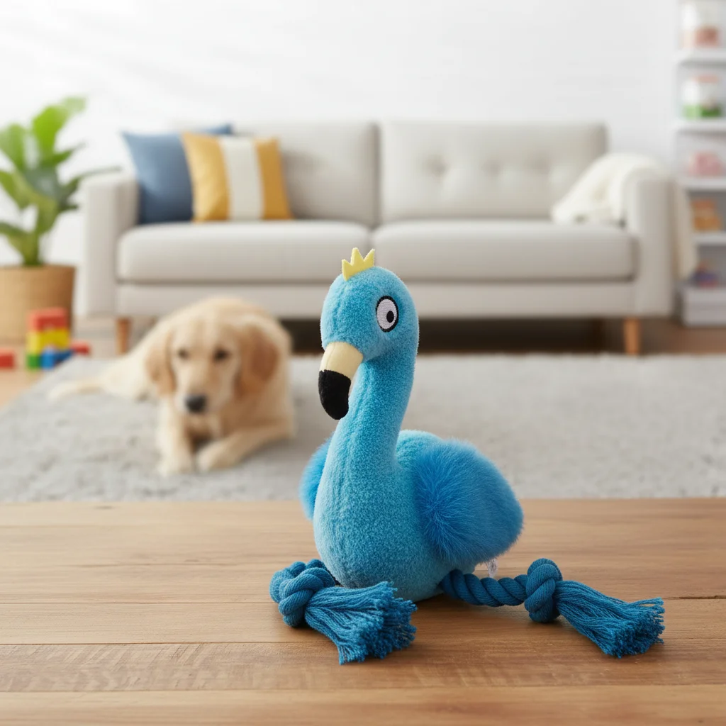 Juguete peluche flamenco para perro con cuerda y sonido chirriante