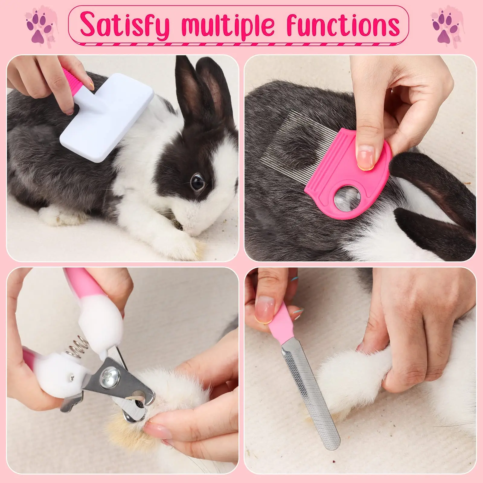 Juego de belleza rosa para animales pequeños de 8 piezas, juego de belleza para conejos con cortaúñas para mascotas y lima, peine para pulgas - imagen 3