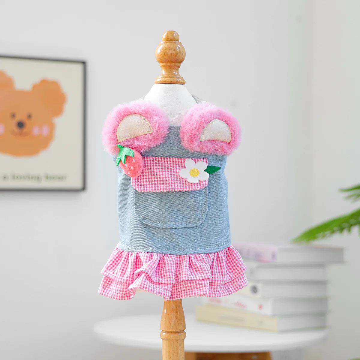 Ropa para mascotas de otoño e invierno: falda vaquera con estampado de fresa y flores, lindo vestido para cachorros para perros pequeños - imagen 4