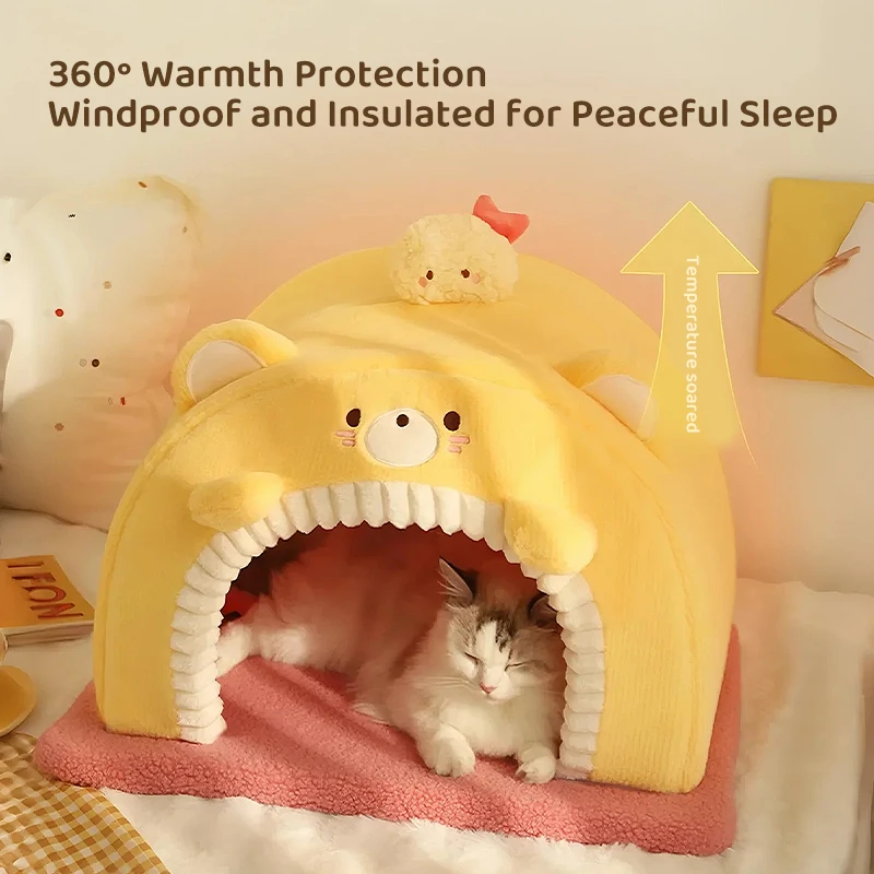 HOOPET Cama para gatos cerrada, casa de seguridad calmante de felpa cálida para invierno con cojín grueso para gatos y gatitos de interior - imagen 3