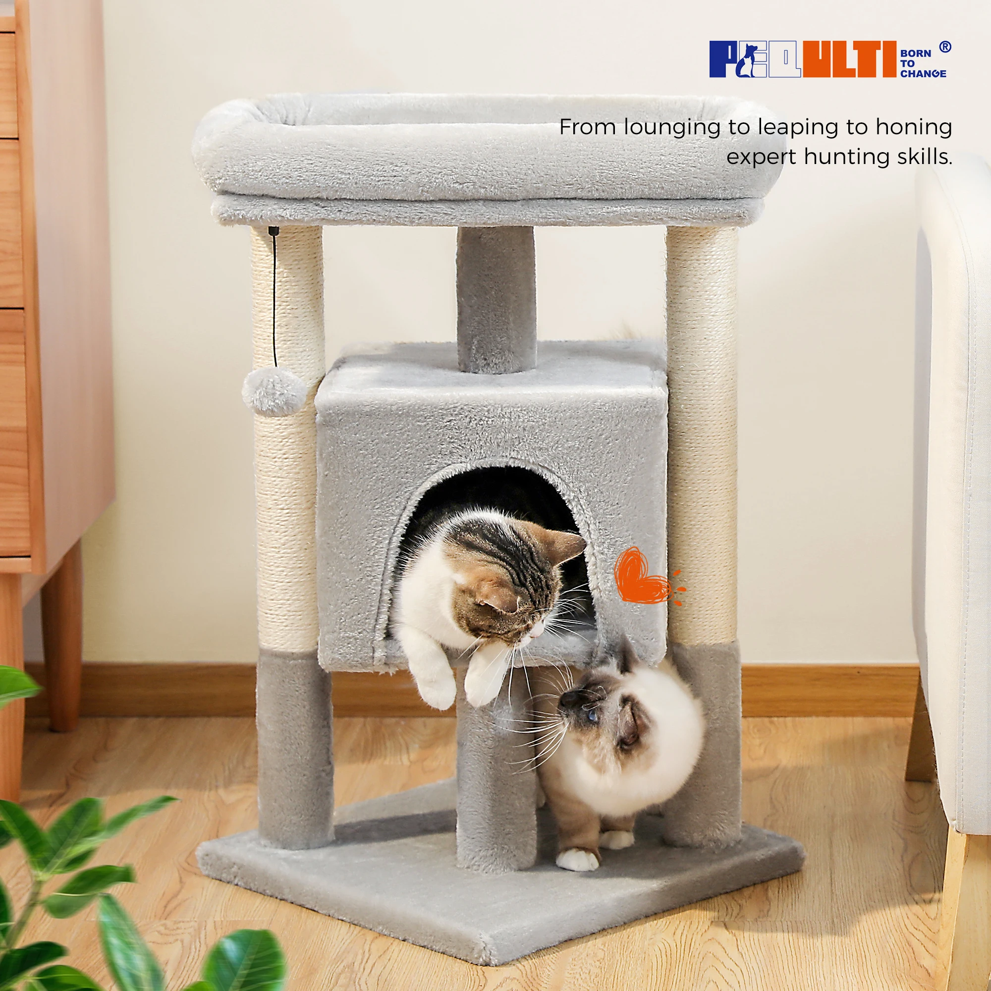 Torre pequeña de árbol para gatos con postes rascadores de Sisal Natural, percha superior suave y pompón de felpa, acogedora cama para gatos, juguetes de interior