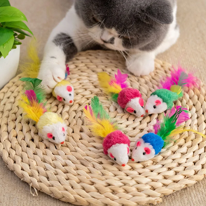 5/10 Uds. De juguetes de peluche para gato y ratón, piel de conejo, ratón falso, pluma, sonajero de arcoíris, juguete interactivo para gato, juguetes para gatito