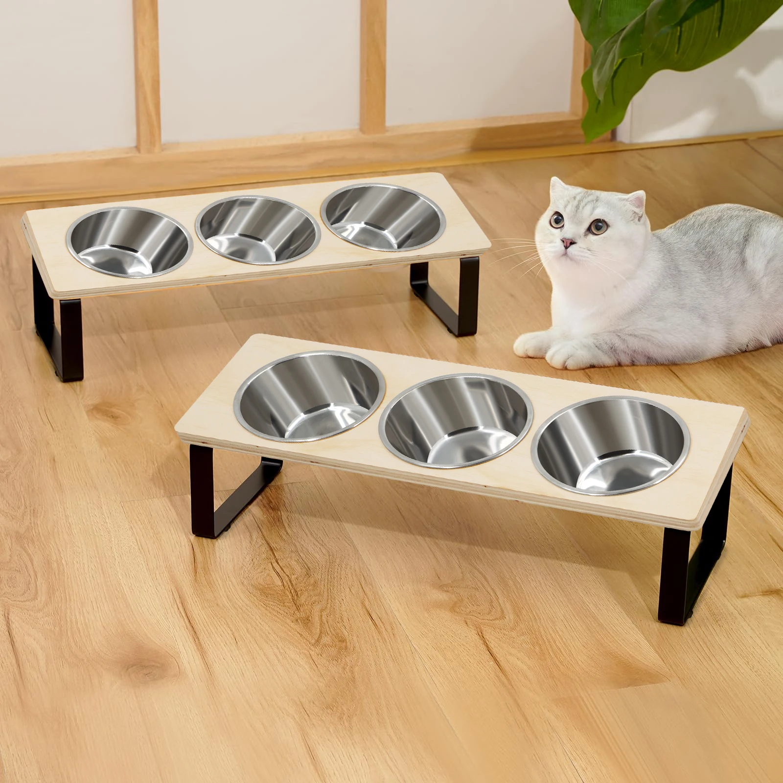 Comedero elevado para cuencos para gatos 15 ° Suministros de riego y alimentación elevados inclinados, 3 tazones de acero inoxidable para mascotas con soporte para gatos y cachorros - imagen 5