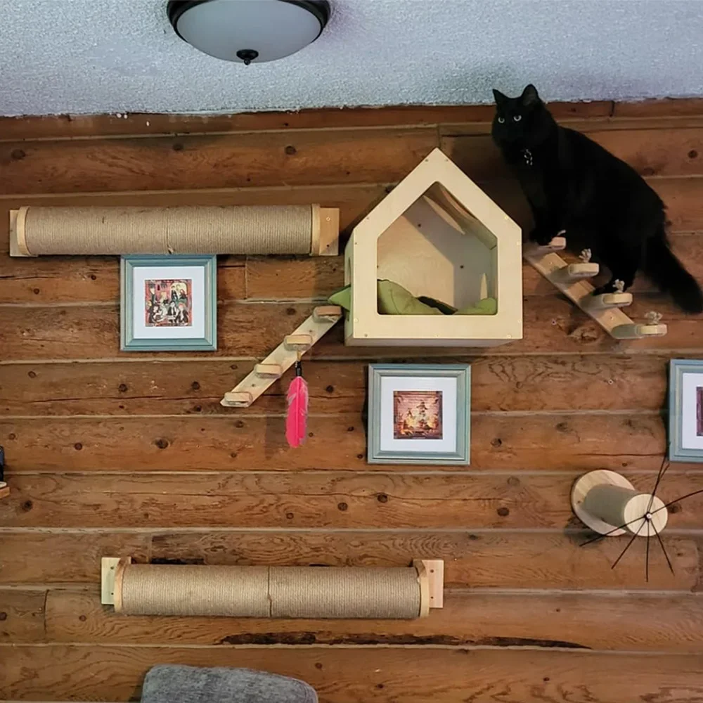 Estantes de escalada para gatos montados en pared con poste rascador - imagen 4