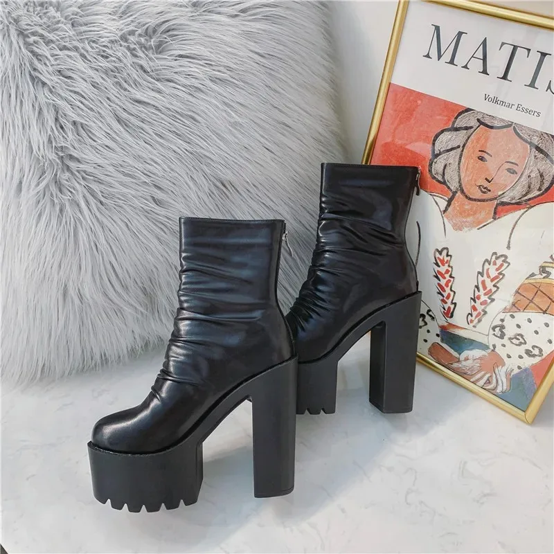 2025 Botas de invierno para mujer, plataforma impermeable, superficie plegable, cremallera, tacón grueso, botas cortas, zapatos casuales de moda - imagen 2