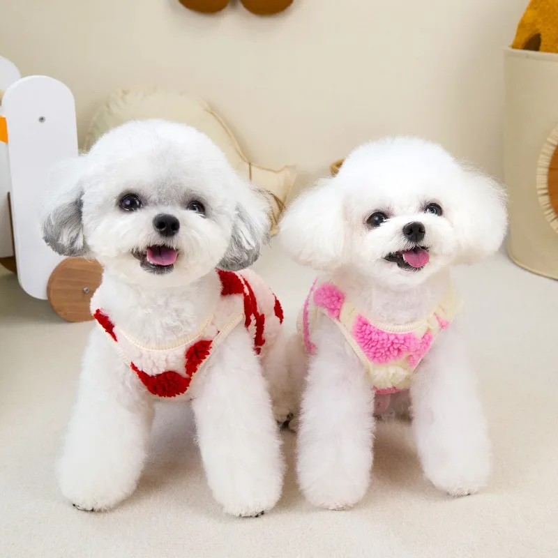 Ropa gruesa sin mangas para perros, chaqueta de invierno, ropa cálida de lana rosa y roja con corazón para mascotas, chaleco para perros pequeños, chaqueta, trajes, abrigo para cachorros - imagen 4