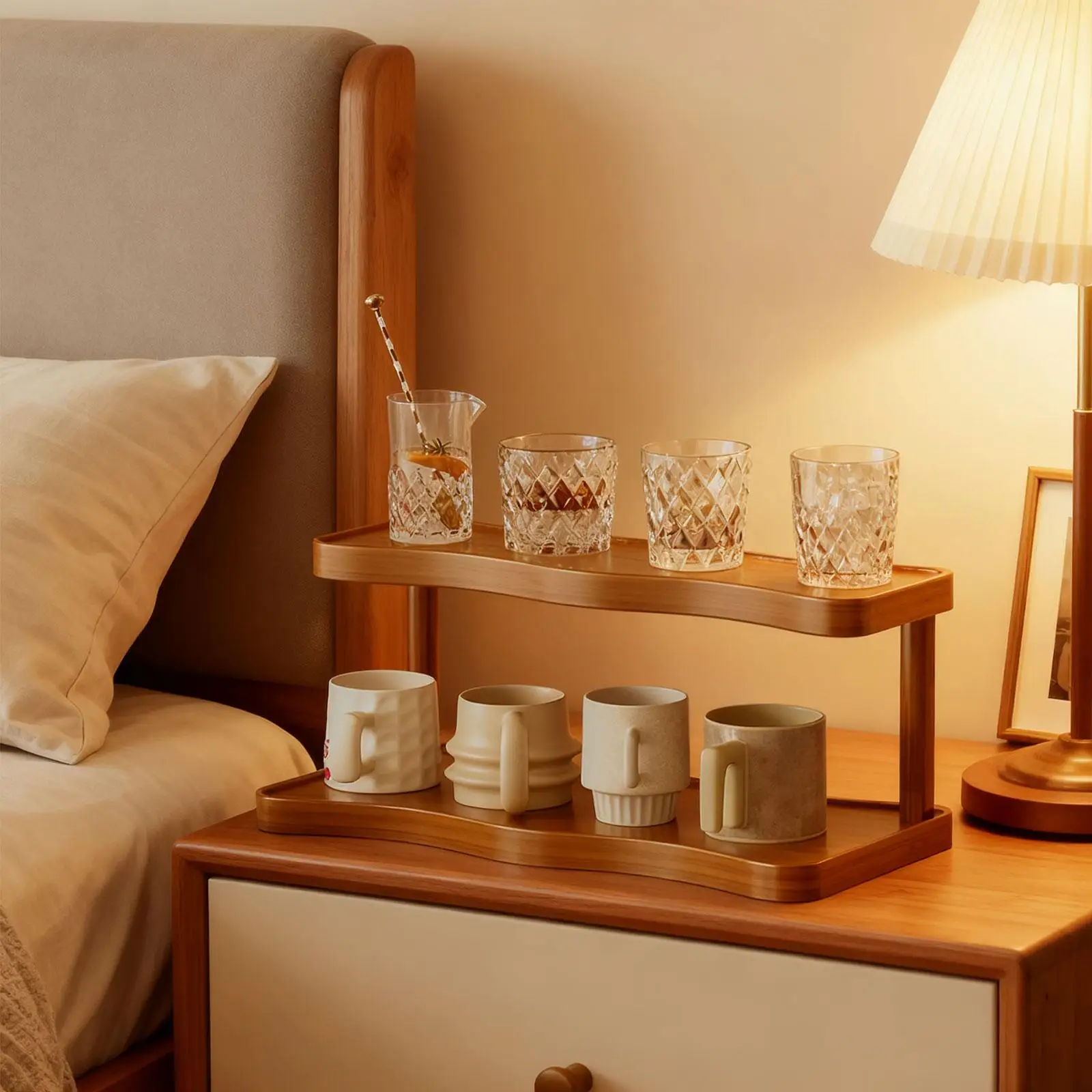Estante de exhibición de 2 niveles, soporte de fragancia pequeño multiusos rústico, portavasos, soporte de Perfume escalonado para figuras, sala de estar y dormitorio