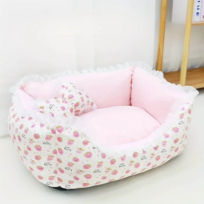 Cama para perros lavable desmontable de invierno para perros pequeños y medianos - Colchón acogedor para mascotas con volantes rosas Muebles para mascotas de interior - imagen 2