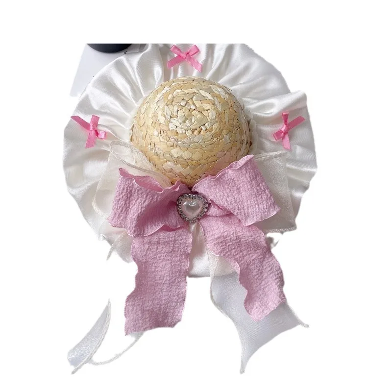 Sombrero con lazo de encaje para mascotas, sombrilla con lazo, sombrero de paja, ropa para perros y gatos, accesorios para sombrero que combinan, accesorios para perros Pomerianos para cachorros - imagen 5