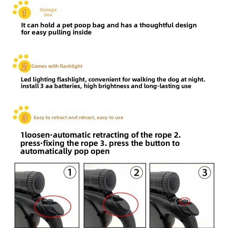 Correa de nailon para mascotas, suministros para mascotas grandes, duraderos, retráctiles automáticos, con linterna, caja de almacenamiento, collares, productos de entrenamiento para mascotas - imagen 5
