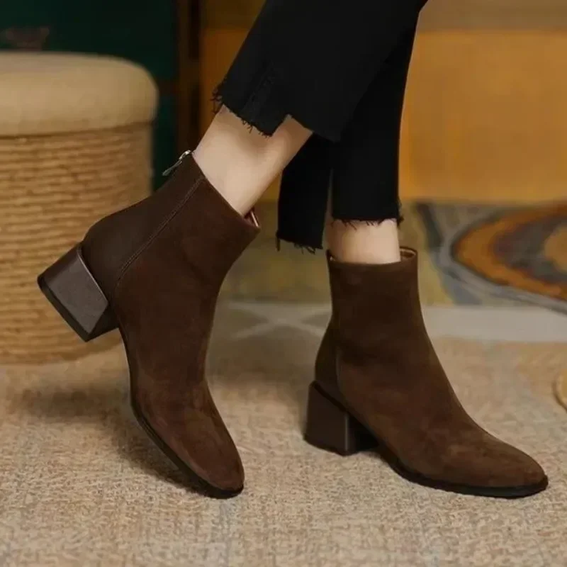Botas de Otoño Invierno para mujer, Zapatos de tacón grueso con punta cuadrada, botines para mujer, Zapatos de gamuza con plataforma de invierno