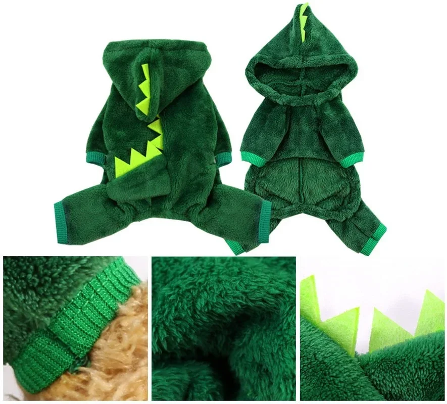 Ropa de Halloween para perros y gatos, disfraz divertido de dinosaurio para perros pequeños, abrigo cálido de invierno para gatos, sudaderas con capucha de lana - imagen 4
