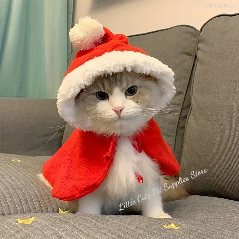 Christmas Cat Costume Santa Cosplay Pet Christmas Cape Dress Up Clothes Warm Red Scarf Cloak with Hat Pet Accessories - imagen 2