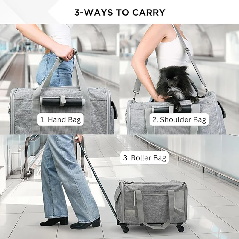 Transportín para mascotas con ruedas para perros de hasta 15 libras y transporte para perros aprobado por aerolínea para gatos, portador rodante para mascotas, cochecito plegable para mascotas - imagen 5