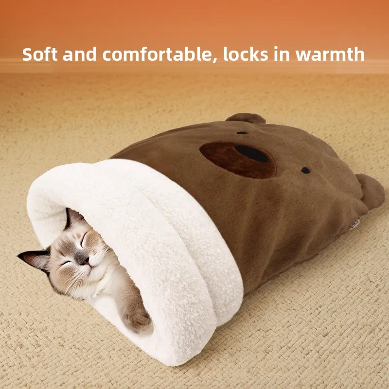 Nidos cálidos para gatos de otoño e invierno, saco de dormir, nido de perforación, nido cerrado para gatitos, perrera de seguridad, cama de perforación, oso marrón