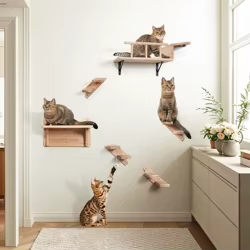 Plataforma de salto de madera, cuenco para gatos montado en la pared, marco de escalada para gatos, hamaca, cinta de correr de actividad interior montada en la pared, árbol para gatos
