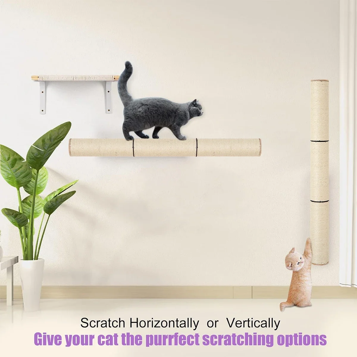 Poste rascador de madera maciza para gatos con cuerda de Sisal, árboles para gatos montados en la pared, estante de escalada para gatos, muebles para rascar juguetes