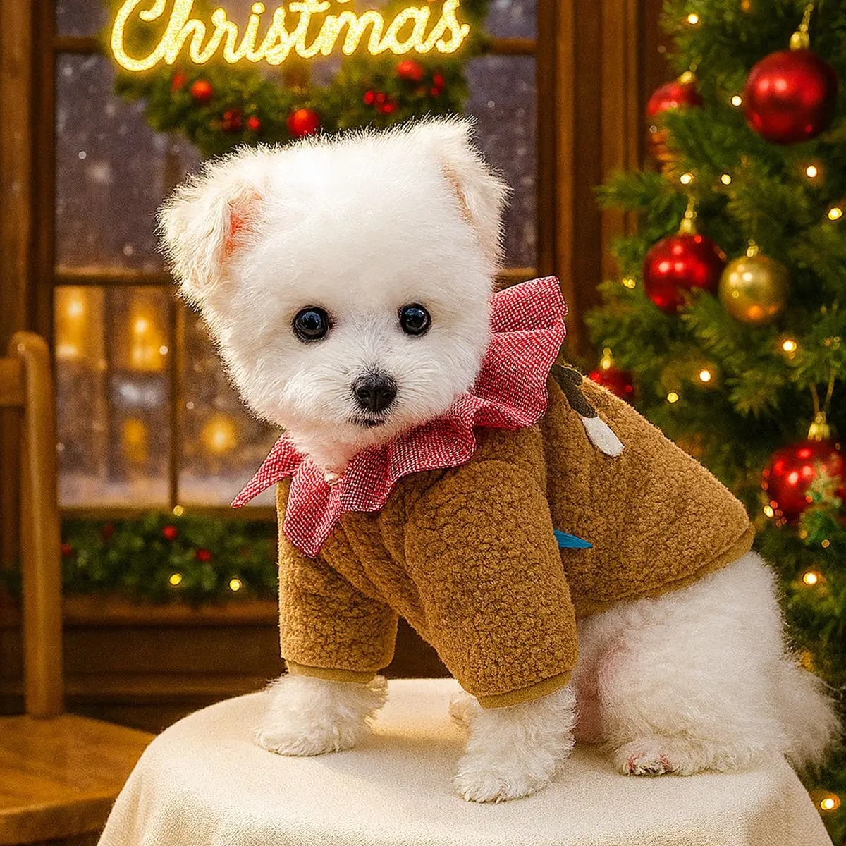 Ropa navideña esponjosa para mascotas, disfraz para perros, abrigo de piel con cuello a cuadros, abrigo de alce, trajes de invierno para perros pequeños, ropa para mascotas - imagen 2