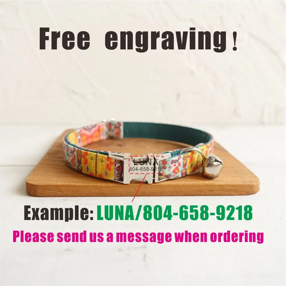 Collar de gato personalizado, nombre de identificación personalizado, contactos, hebilla de metal, collares de gato bohemios azules ajustables con campana - imagen 4