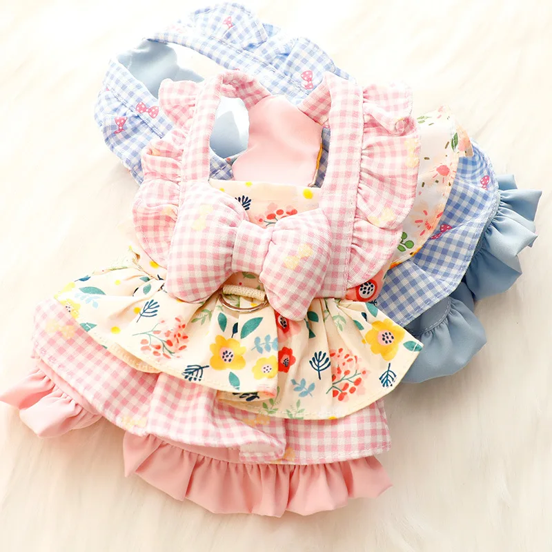 Ropa de primavera/verano para perros, vestido de princesa Floral transpirable para perros y gatos con lazo, vestido a cuadros estilo Lolita para perros pequeños - imagen 3