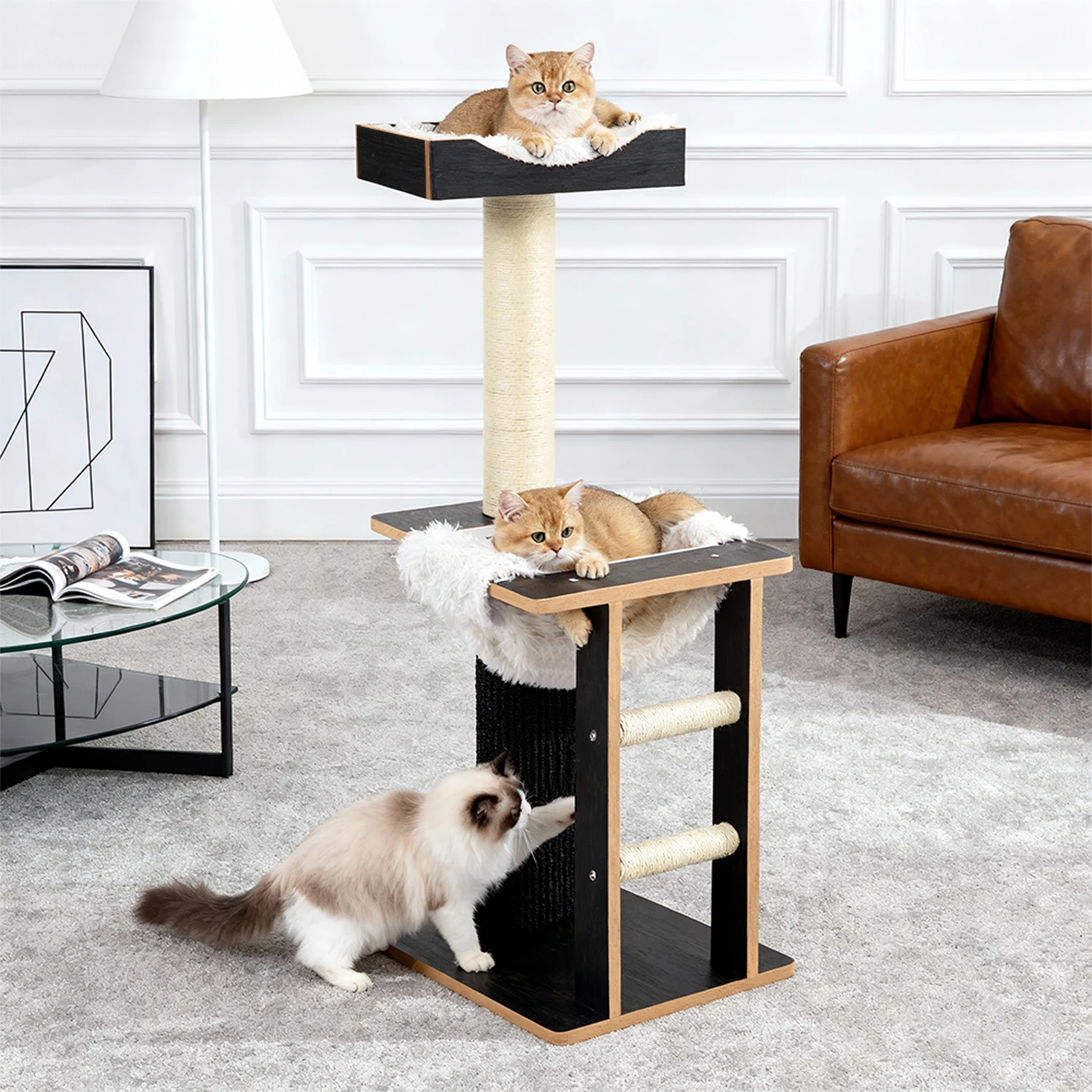Árbol para gatos mediano de 38 pulgadas, marco de escalada para gatos modelo escalera negra, torre para gatos de varios niveles con poste rascador para gatos, perca acogedora para gatos - imagen 5