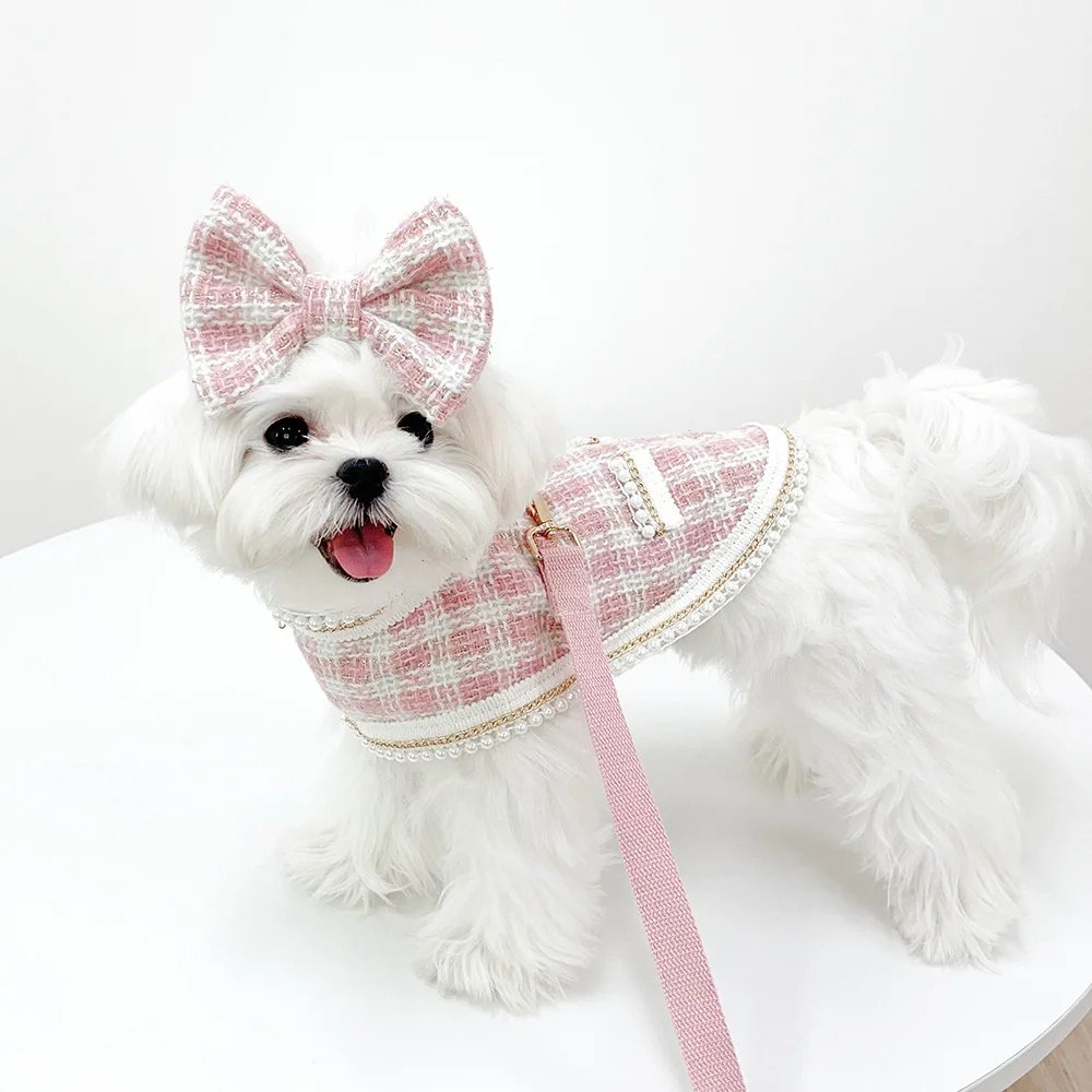 Capa a cuadros de encaje de perlas para perros, suministros para mascotas, chaqueta, correa de pecho, conjunto de cuerda de tracción para gatos, ropa para cachorros, ropa para perros pequeños - imagen 3